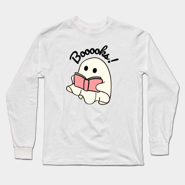 Booooks Cute Ghost Reading Book Lover Halloween Party Gift Long Sleeve T-Shirt by Illustradise